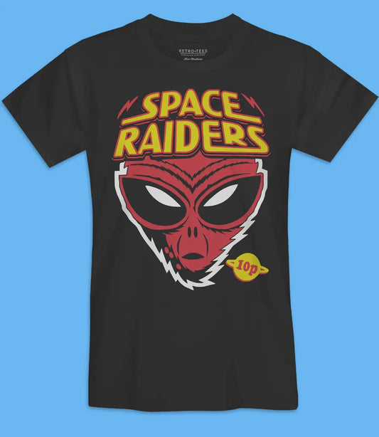 men's unisex black short sleeve t shirt featuring retro 80s space raiders red alien