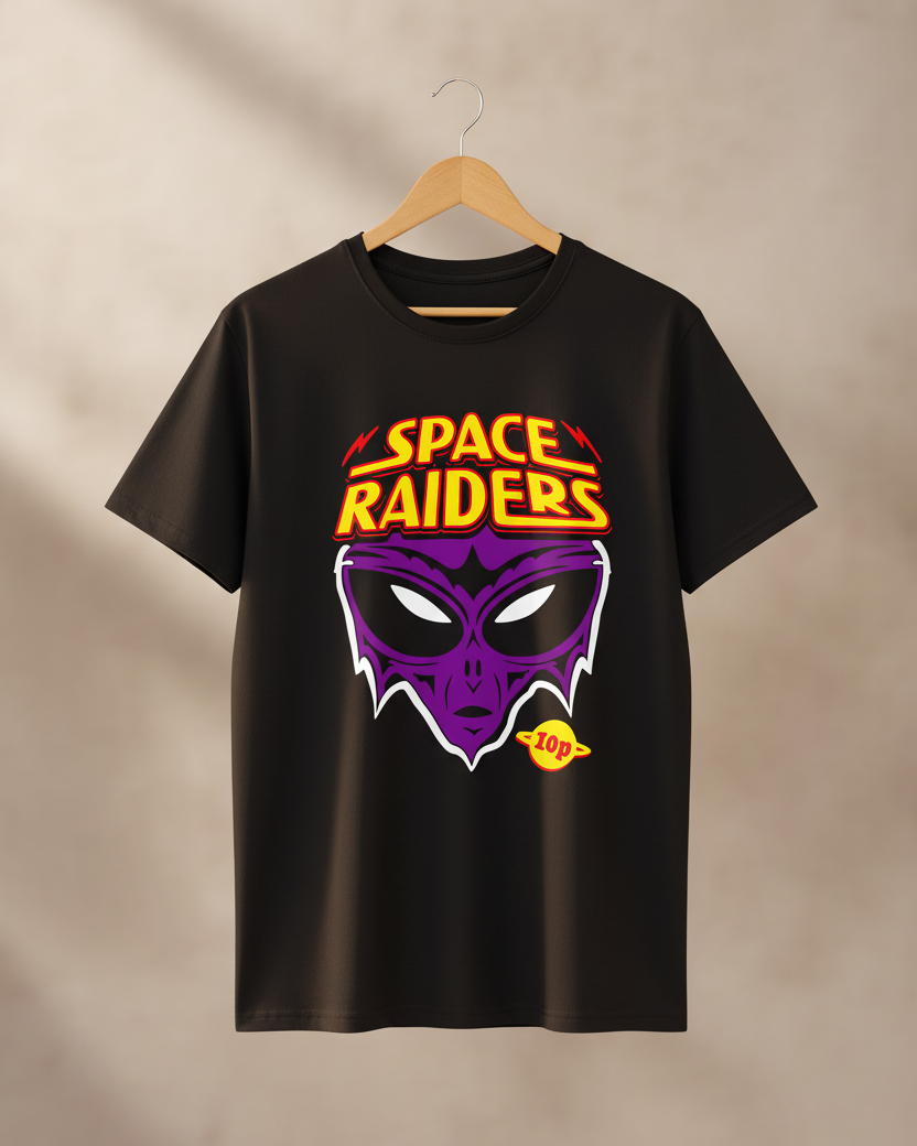 A black short-sleeve crewneck t-shirt featuring a large graphic print of a purple alien head with 'SPACE RAIDERS' written in yellow and red text above it, on a plain white background.