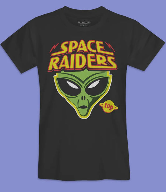 mens unisex short sleeve black t shirt featuring space raiders green alien design