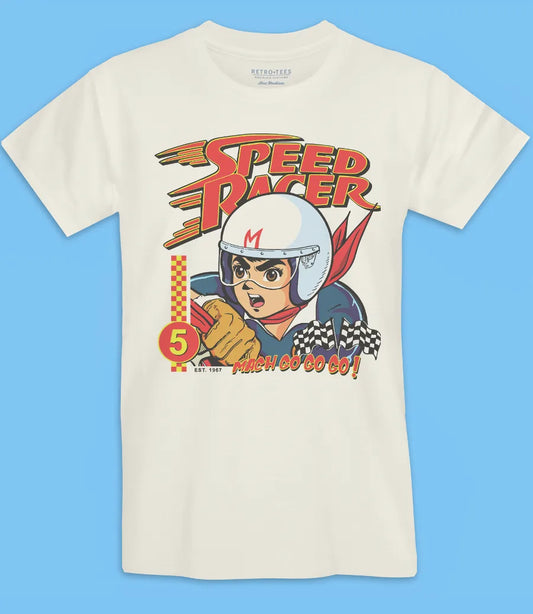 men's unisex vintage cream short sleeve t shirt featuring retro Speed Racer Mach cartoon character