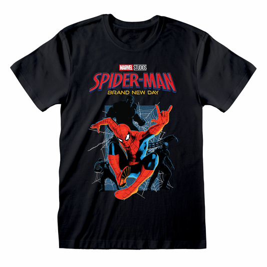 A black short-sleeve crewneck t-shirt featuring a graphic print of Marvel's Spider-Man 'Brand New Day' on the front, displayed against a solid white background.