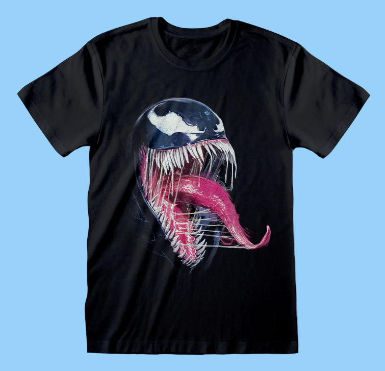 Official Spiderman Video Game Black t-shirt with a graphic design of Venom Face
