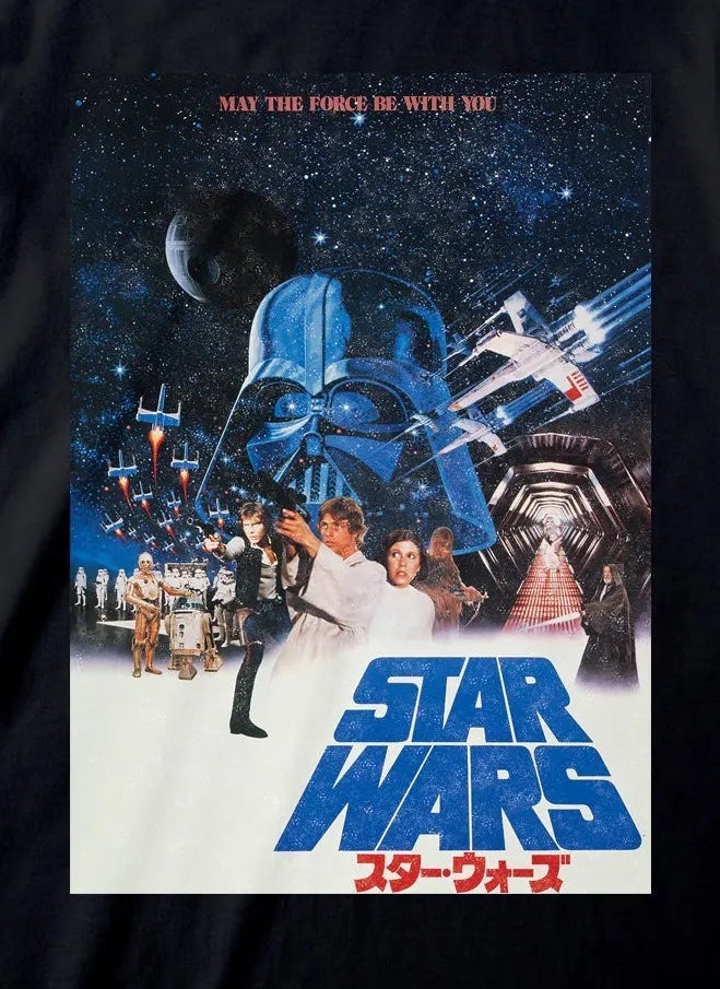 A black short-sleeve crewneck t-shirt featuring a large graphic print of the Star Wars 1997 film 'A New Hope' on the front, 