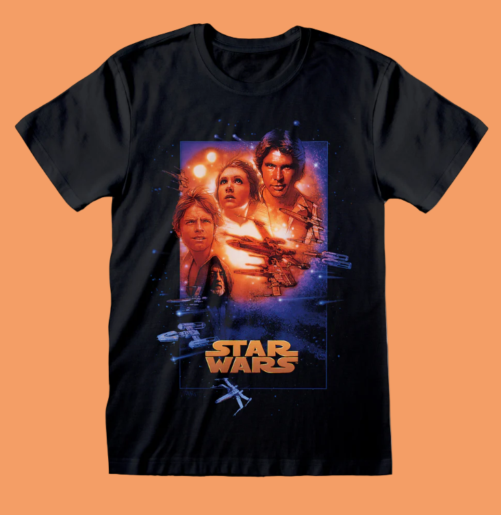 Black t-shirt with Star Wars graphic design featuring characters and the Star Wars logo.