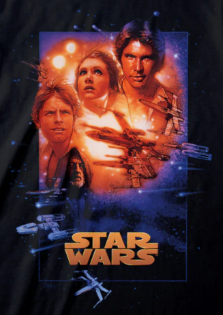 Star Wars movie poster with characters and spacecraft on a dark space background