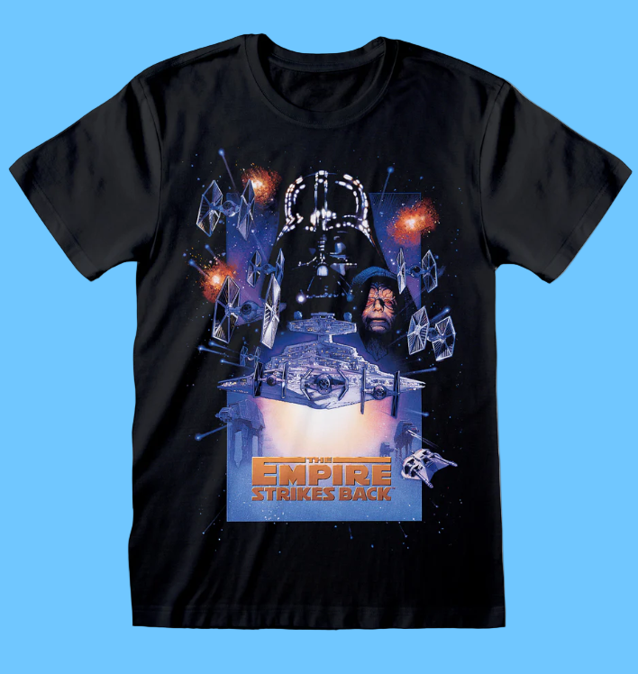 Star Wars Black t-shirt with 'The Empire Strikes Back' graphic design featuring Darth Vader and other characters.