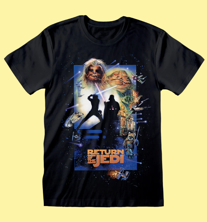 Star Wars Black t-shirt with 'Return of the Jedi' movie poster design featuring characters and text.