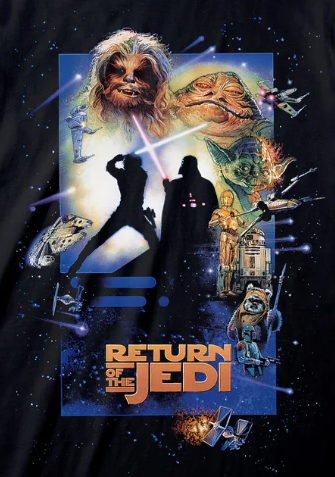 Vintage 'Return of the Jedi' movie poster with characters and text on a dark background
