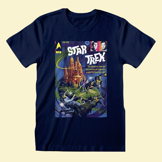 A navy blue short-sleeve crewneck t-shirt featuring a vintage-style Star Trek comic book cover graphic on the front