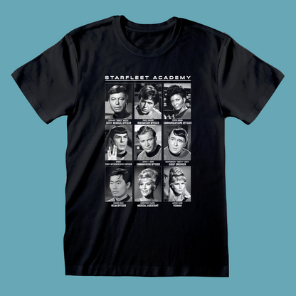 Starfleet academy star trek short sleeve black t-shirt featuring retro characters