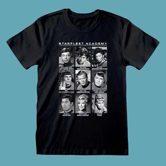 Starfleet academy star trek short sleeve black t-shirt featuring retro characters