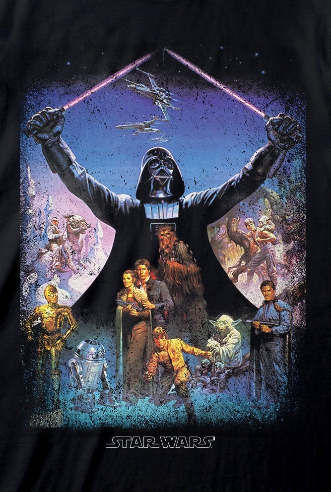 Black t-shirt with Star Wars graphic design featuring Darth Vader and other characters.