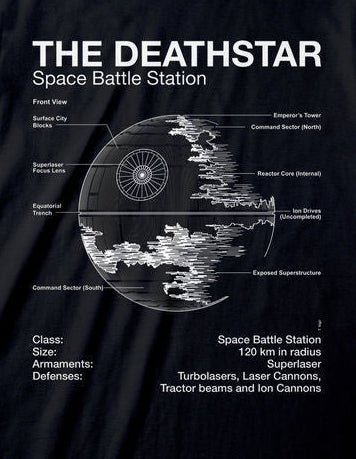 A black short-sleeve crewneck t-shirt featuring a white graphic print of the Death Star from Star Wars, styled as a space battle station schematic with text details.