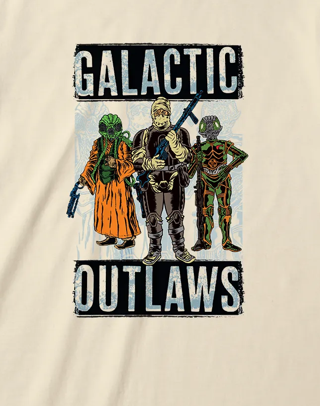 A cream-colored short-sleeve t-shirt with a graphic print of three sci-fi characters and the text 'GALACTIC OUTLAWS' on the front