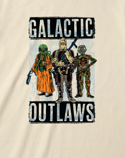 A cream-colored short-sleeve t-shirt with a graphic print of three sci-fi characters and the text 'GALACTIC OUTLAWS' on the front
