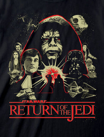 A black short-sleeve crewneck t-shirt featuring a large graphic print of Darth Vader and other Star Wars characters with the text 'STAR WARS RETURN OF THE JEDI' in red 