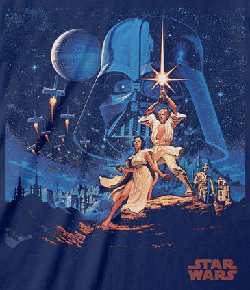 Navy blue t-shirt with Star Wars graphic design featuring Darth Vader and characters