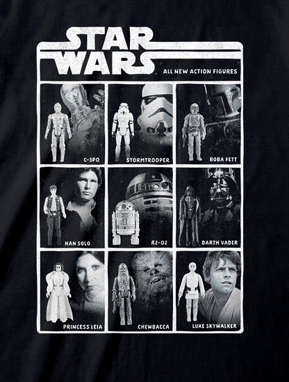 Black t-shirt with Star Wars action figure graphic on a white background
