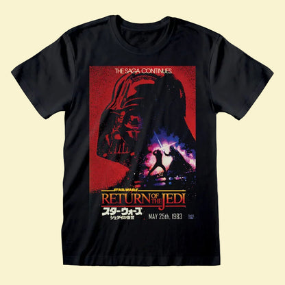 A black short-sleeve crewneck t-shirt featuring a large graphic print of Darth Vader's helmet and a lightsaber duel scene from Star Wars: The Saga Continues / Return of the Jedi, with Japanese text and release date details.