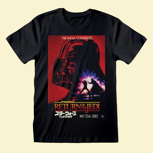 A black short-sleeve crewneck t-shirt featuring a large graphic print of Darth Vader's helmet and a lightsaber duel scene from Star Wars: The Saga Continues / Return of the Jedi, with Japanese text and release date details.