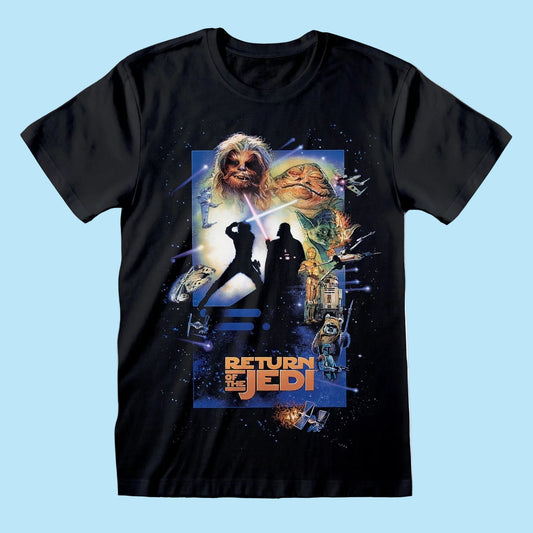 A black short-sleeve graphic T-shirt featuring a large 'Return of the Jedi' movie print on the front, displayed against a solid light blue background.