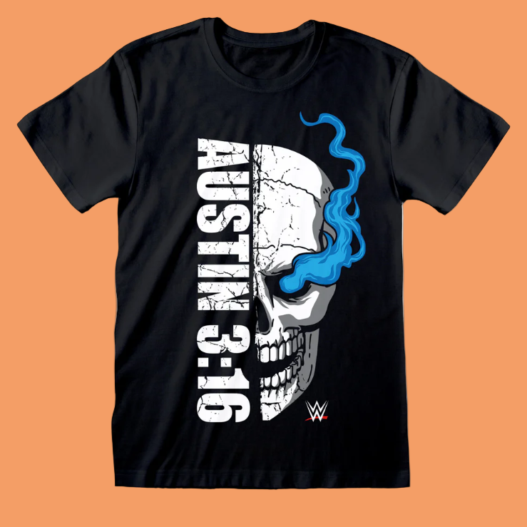 Official WWE Black t-shirt with a skull design and 'Austin 3:16' text on a orange background