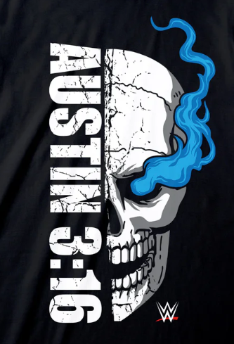 Skull design with blue smoke and 'Austin 3:16' text on a black background, featuring WWE logo.