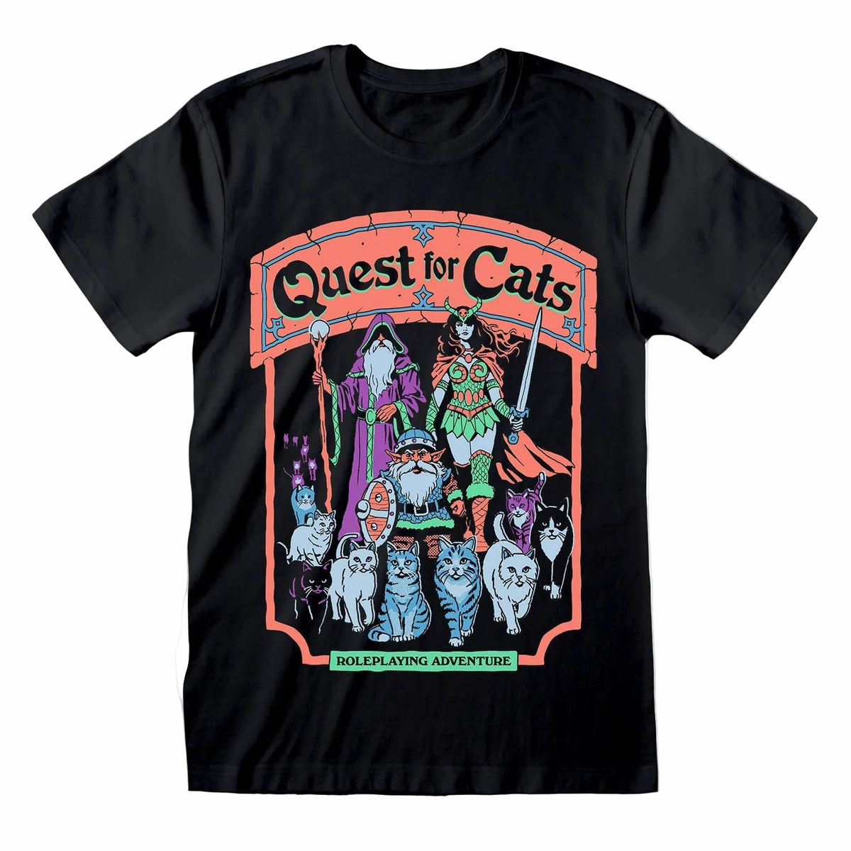 Steven rhodes quest for cats roleplaying adventure black t-shirt with a retro style graphics