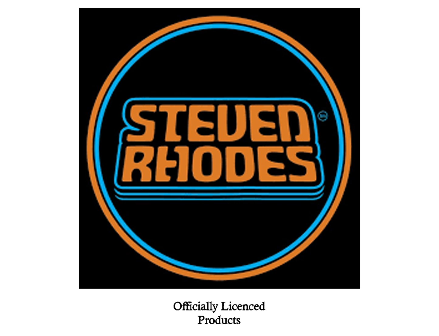 Logo of Steven Rhodes with a blue circle on a black background