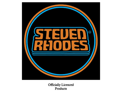 Logo of Steven Rhodes with a blue circle on a black background