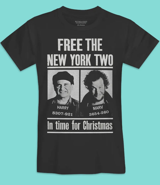 Retro Tees mens unisex black short sleeve t shirt featuring Harry and Marv from Home alone movie saying free the new york two for christmas design