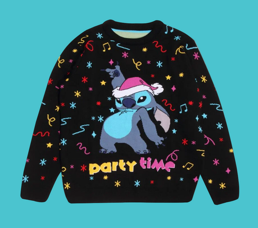 Disney Black sweater with cartoon Stitch character and 'Party Time' text 