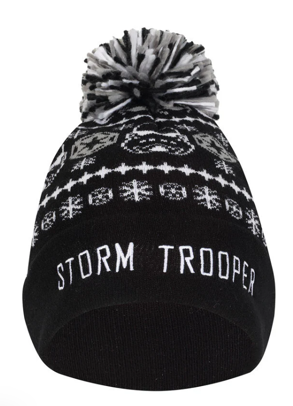 Black beanie with white pattern and 'Storm Trooper' text on a white background