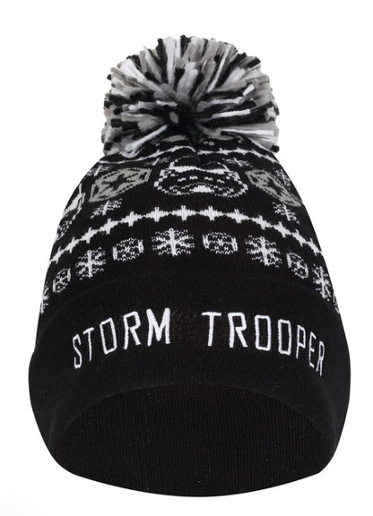 Black beanie with white pattern and 'Storm Trooper' text on a white background