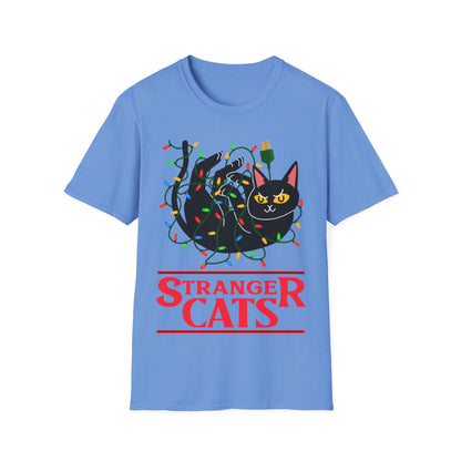 Blue t-shirt with a black cat and colorful lights design and 'Stranger Cats' text on a white background.