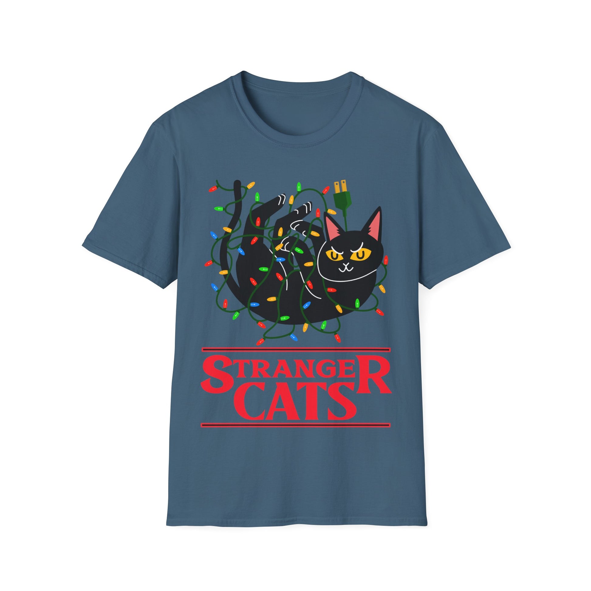 Blue t-shirt with a black cat and colorful lights design on a white background
