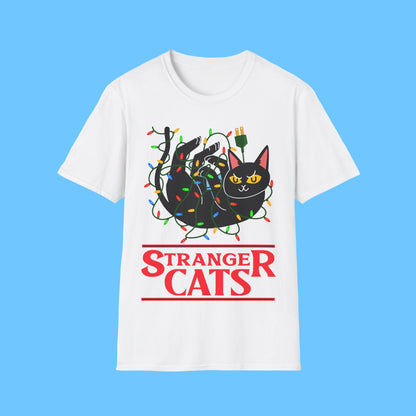 White t-shirt with a black cat graphic and 'Stranger Cats' text on a white background
