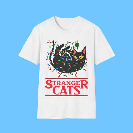 White t-shirt with a black cat graphic and 'Stranger Cats' text on a white background