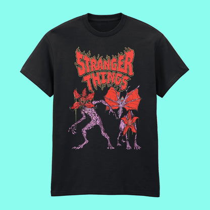 A black short-sleeve t-shirt featuring a graphic print of the 'Stranger Things' logo in red and orange above three purple and red creature illustrations