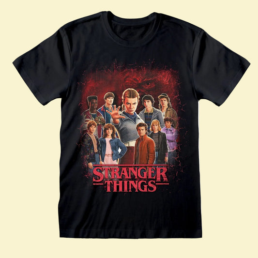 Black t-shirt with 'Stranger Things' character graphic on a white background