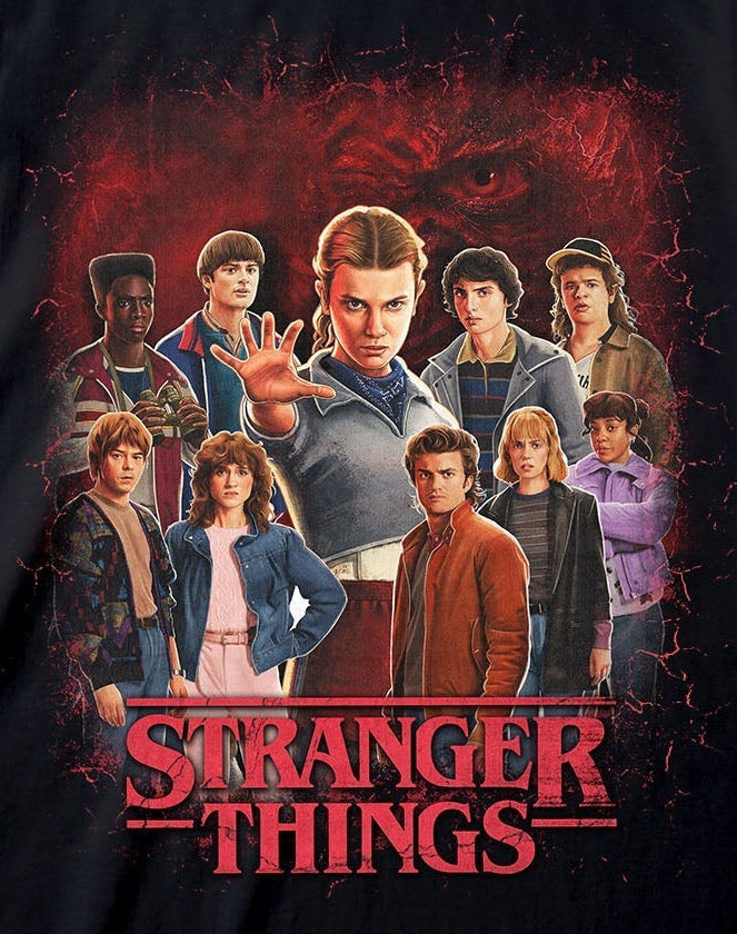 Black t-shirt with 'Stranger Things' character graphic on a white background
