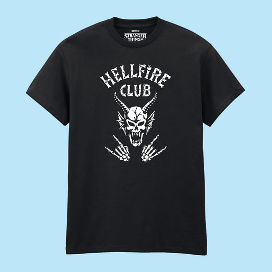 A black short-sleeve crewneck t-shirt featuring a white graphic print of a horned skull with skeletal hands and the text 'HELLFIRE CLUB' on the front. The inner collar label shows the brand 'Stranger Things'.