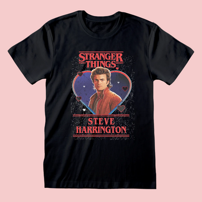 Black t-shirt with 'Stranger Things' graphic featuring Steve Harrington in a heart shape 