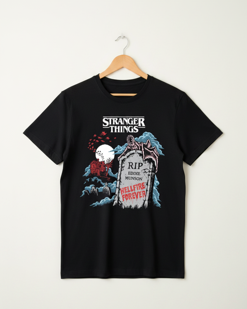 A black short-sleeve t-shirt featuring a 'Stranger Things' themed graphic print on the front, displayed against a solid white background.