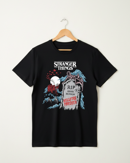 A black short-sleeve t-shirt featuring a 'Stranger Things' themed graphic print on the front, displayed against a solid white background.