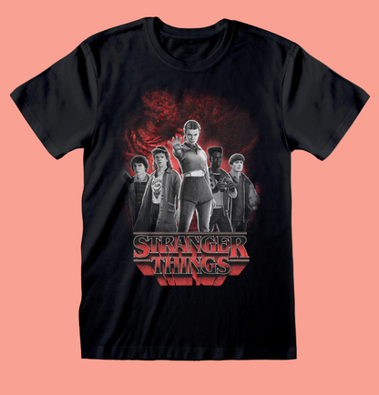 Black t-shirt with 'Stranger Things' graphic design featuring characters and red text on a white background.