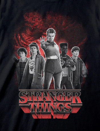Black t-shirt with 'Stranger Things' graphic featuring characters and red text.
