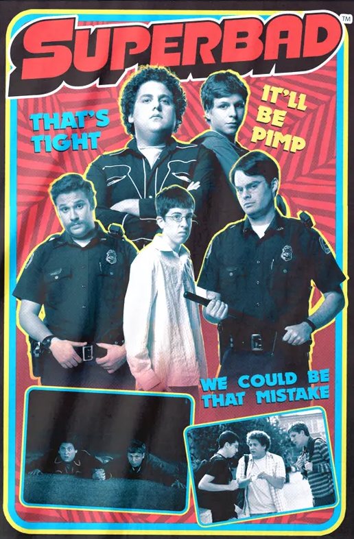A black short-sleeve graphic t-shirt featuring a retro-style comic book panel print with the band Superbad. The graphic includes their members in dark clothing against a red and yellow background with colorful text.
