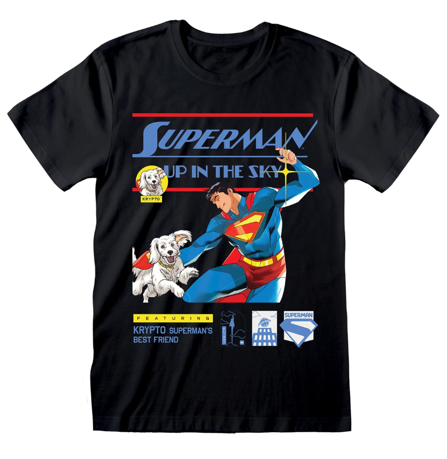 Black t-shirt with Superman graphic and text on a white background
