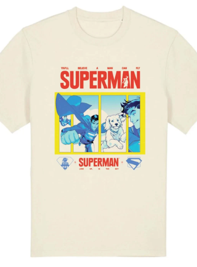 Beige t-shirt with Superman graphic design on a white background